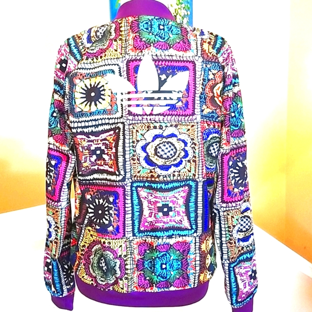 Adidas x FARM Rio HTF RARE Bomber Faux Crochet  Patchwork Track Workout Jacket M - Picture 2 of 15